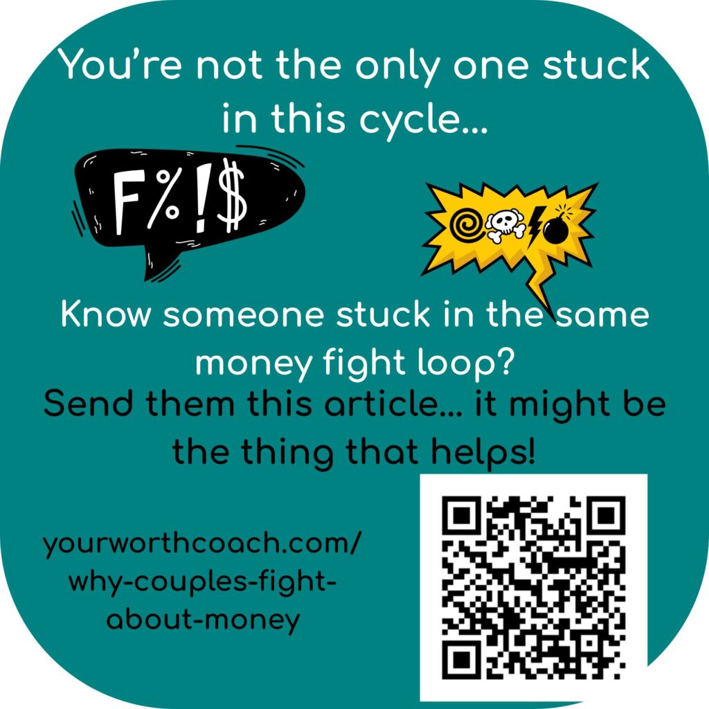 a shareable image with the text "you're not the only one stuck in this cycle... know someone stuck in the same money fight loop? Send them this article! It may be the thing that helps" with a qr code and the url yourworthcoach.com/why-couples-fight-about-money