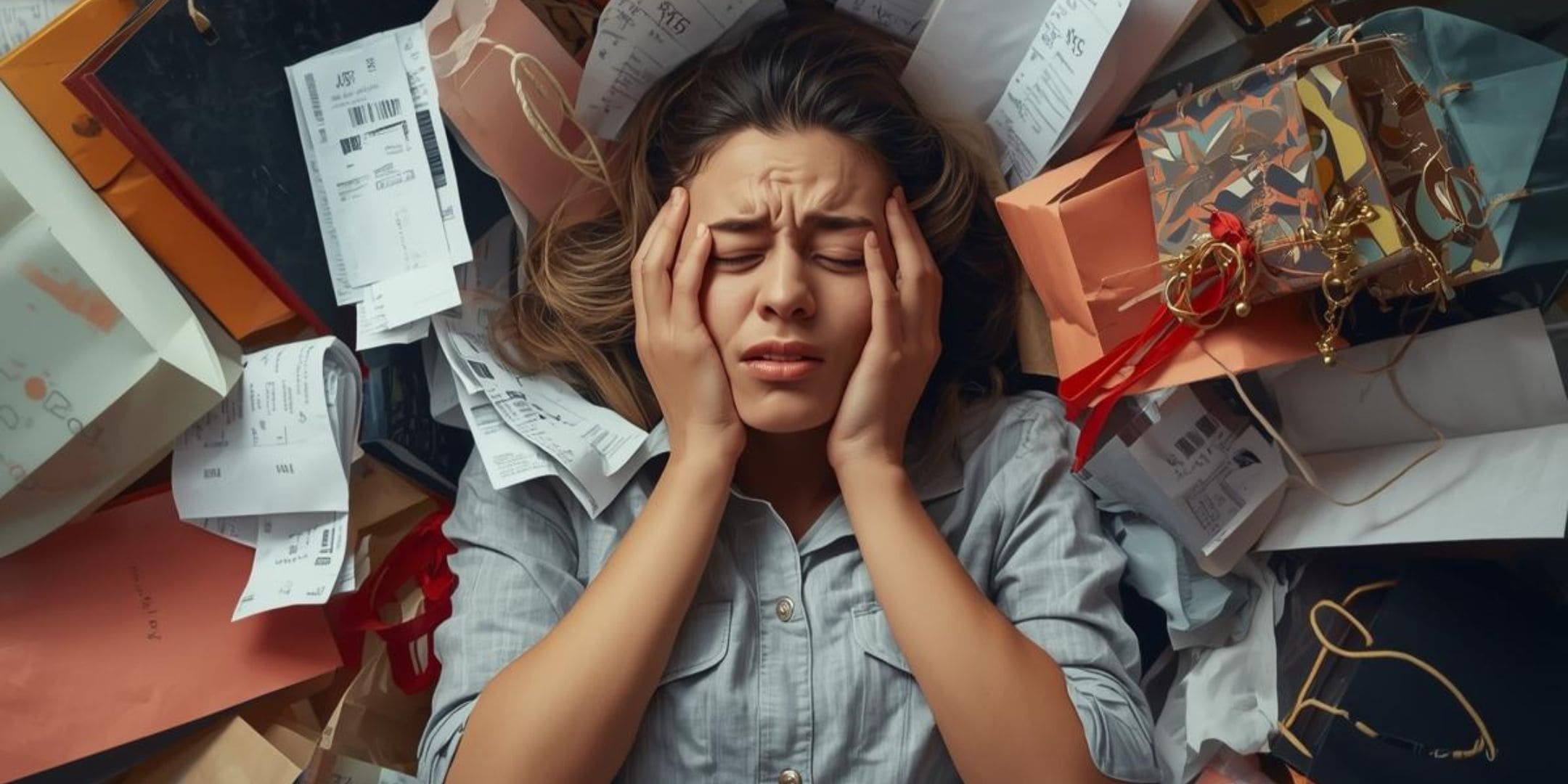 A woman laying on the floor with her face in her hands. Shes surrounded by shopping bags and receipts, she looks financially overwhelmed
