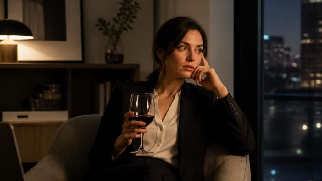 A woman sitting alone with a glass of wite looking concerned. She's asking if money will make her happy.