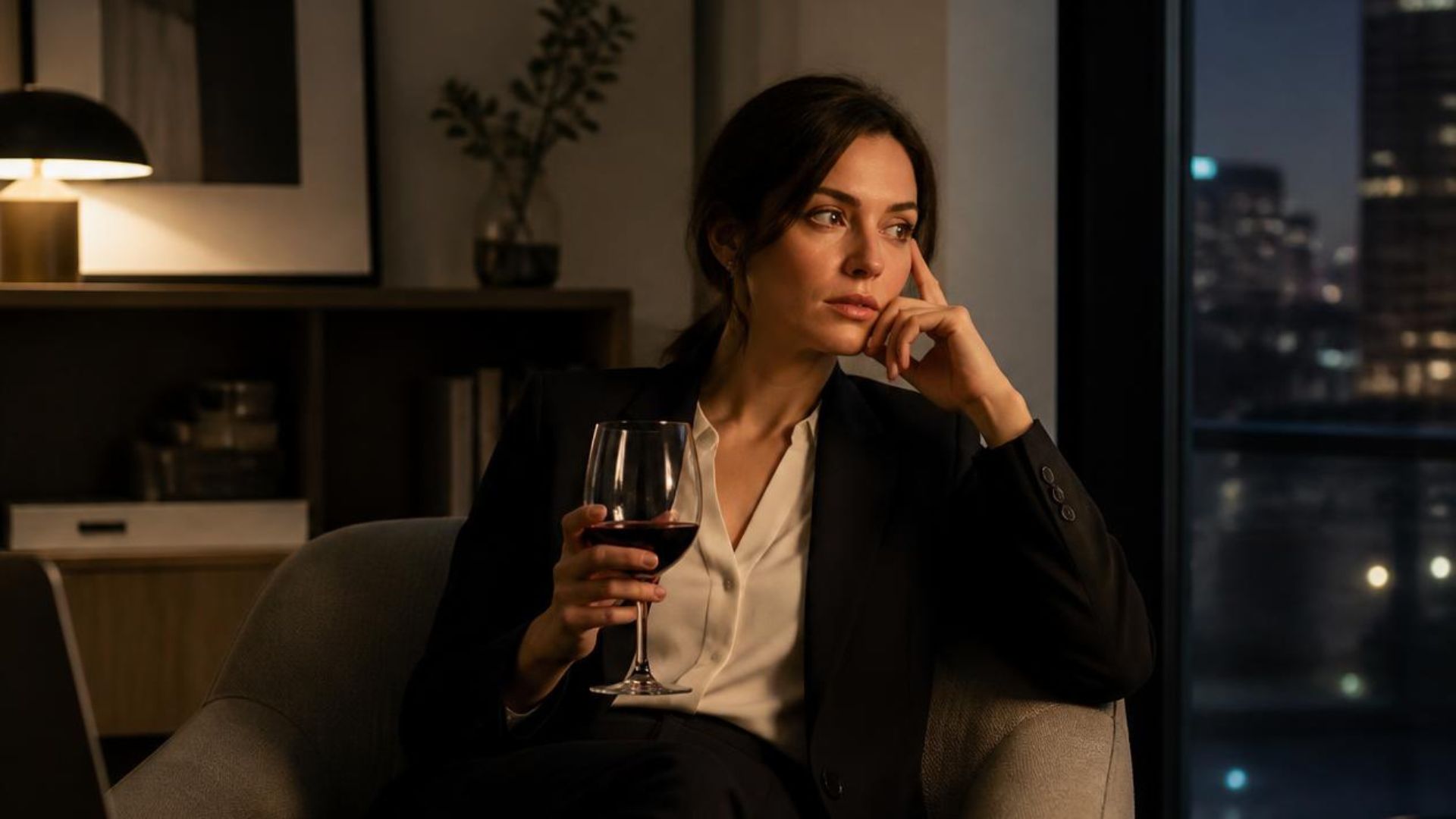 A woman sitting alone with a glass of wite looking concerned. She's asking if money will make her happy.
