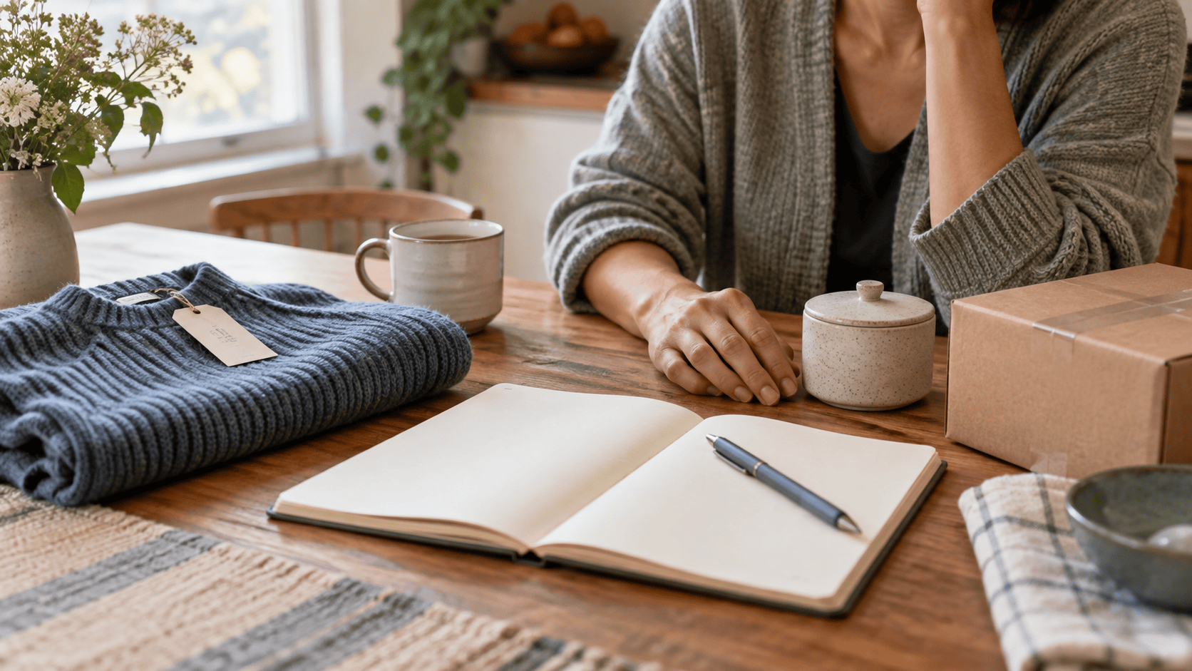 Person sitting at a table with recent purchases and an open notebook, taking stock of what to keep or return.” What to do after overspending I overspent now what; spent too much money; how to recover from overspending; overspending recovery