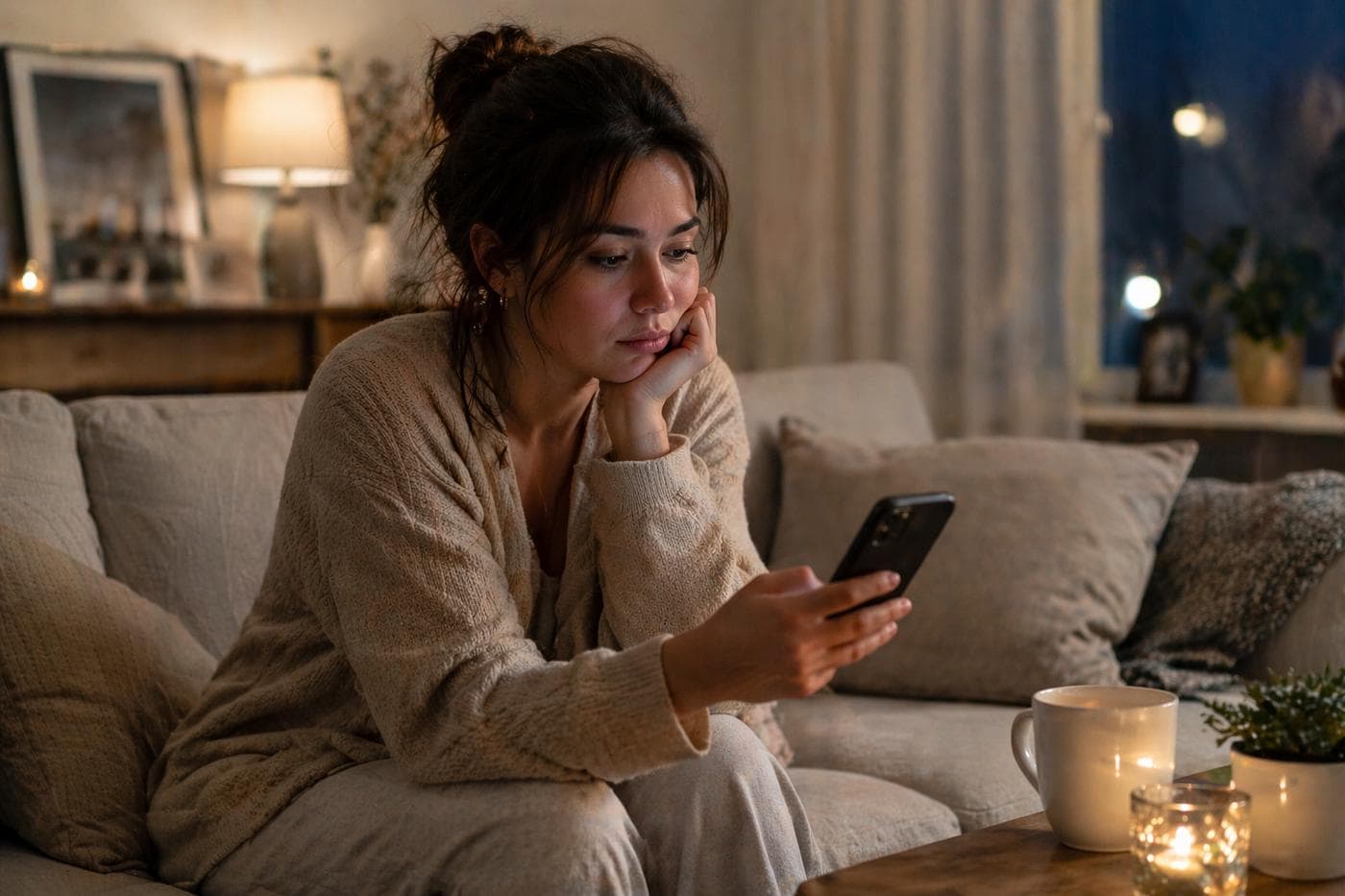woman on her couch looking at her phone. She looks apathetic. Hero image for trauma-informed article on how to stop spending money