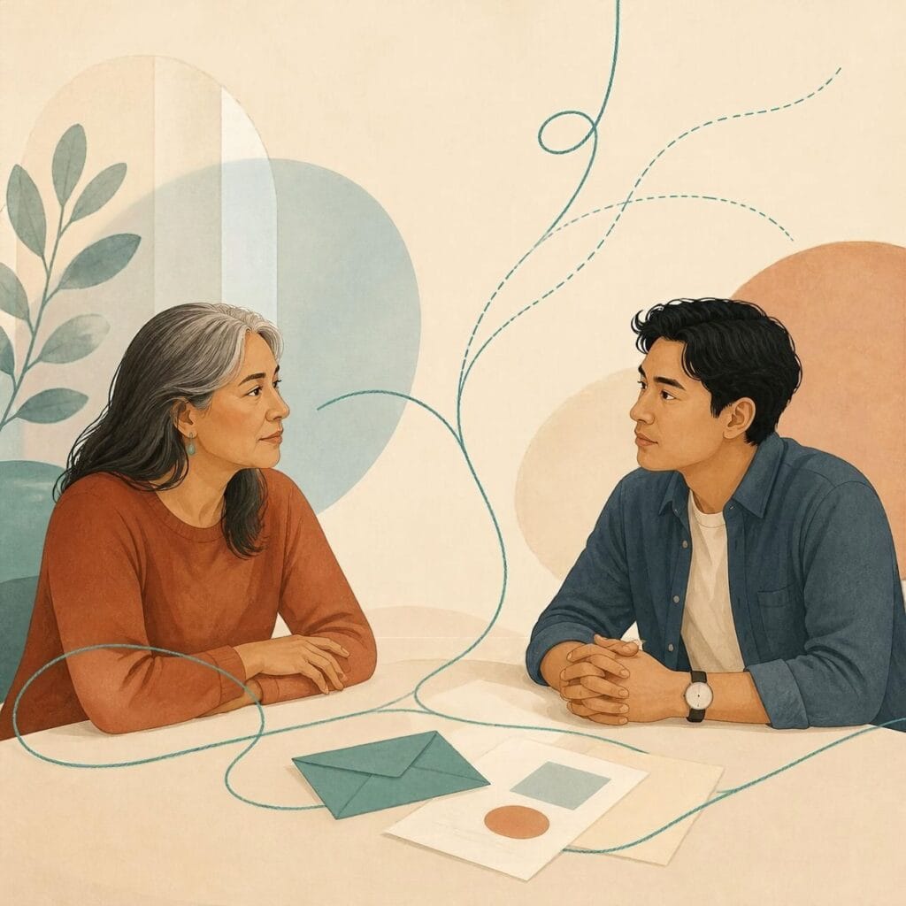 A parent and their adult child seated across from or beside one another, with an envelope or a few papers between them. A subtle teal thread, overlapping shapes, or diverging lines represent connection, tension, and choice.